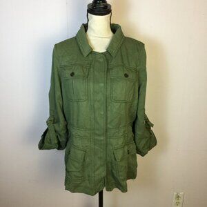 Ann Taylor Loft Jacket Sz M Womans Green Utility Army Cargo 3/4 Roll Tab Sleeve